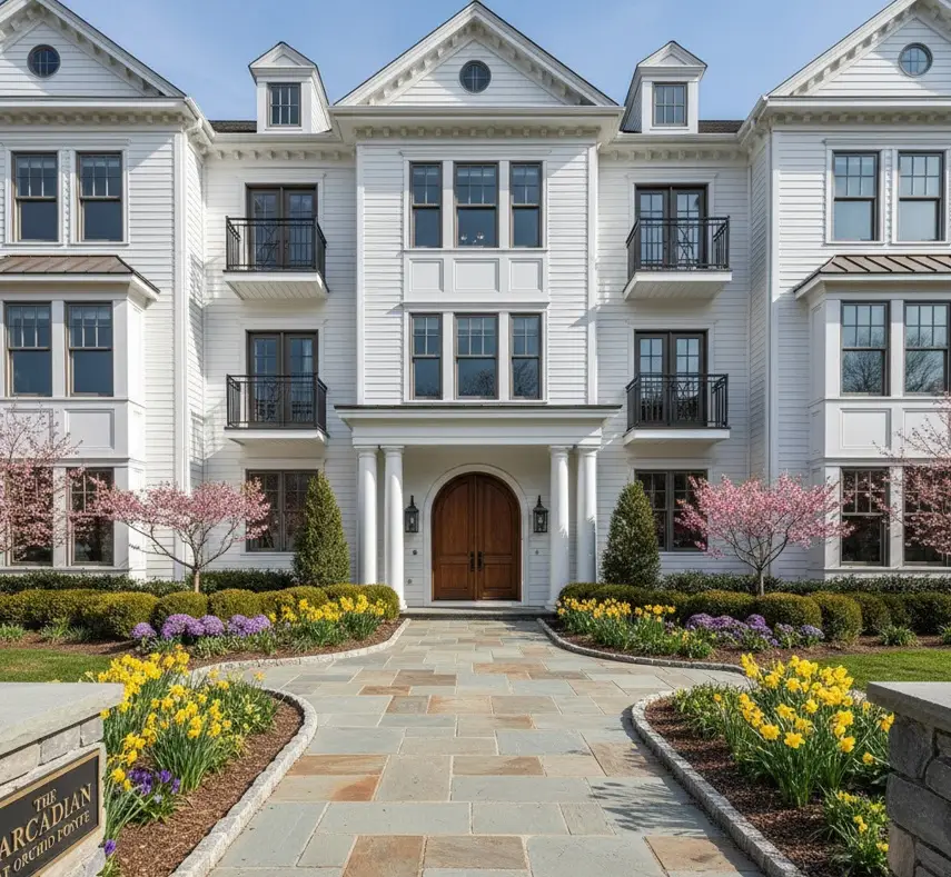 HOA exterior cleaning Long Island - premium community entrance with clean siding and walkways