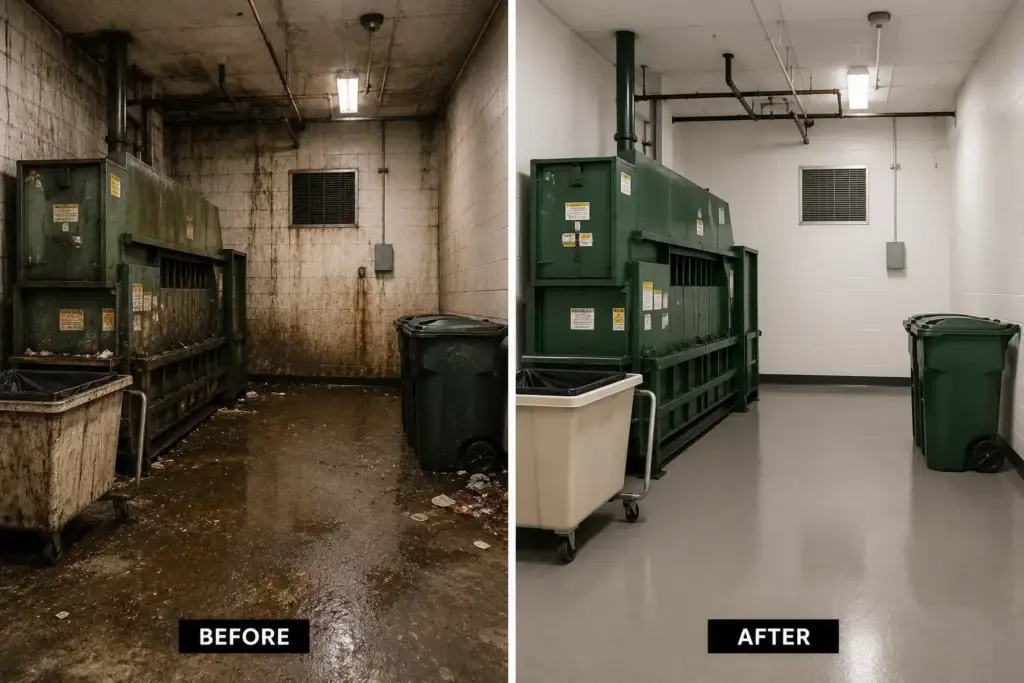Clean serviced trash chute and collection room after professional cleaning by above all pressure cleaning team at long island