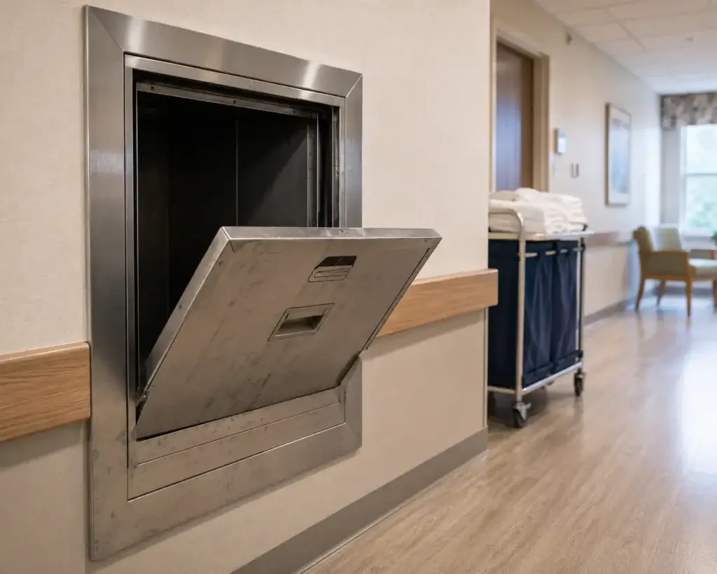 Linen chute intake in a Long Island care facility hallway