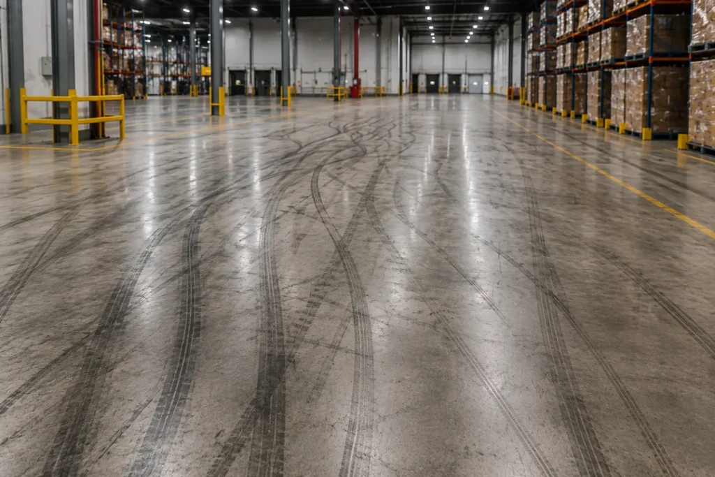 Forklift traffic and tire marks on a commercial warehouse floor