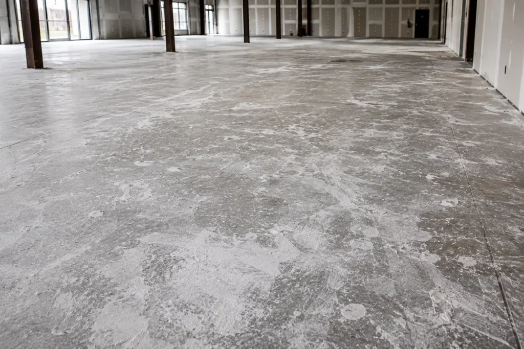 Post-construction concrete floor with drywall dust before deep cleaning