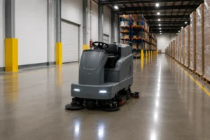 Warehouse floor cleaning with a ride-on scrubber at a Long Island facility