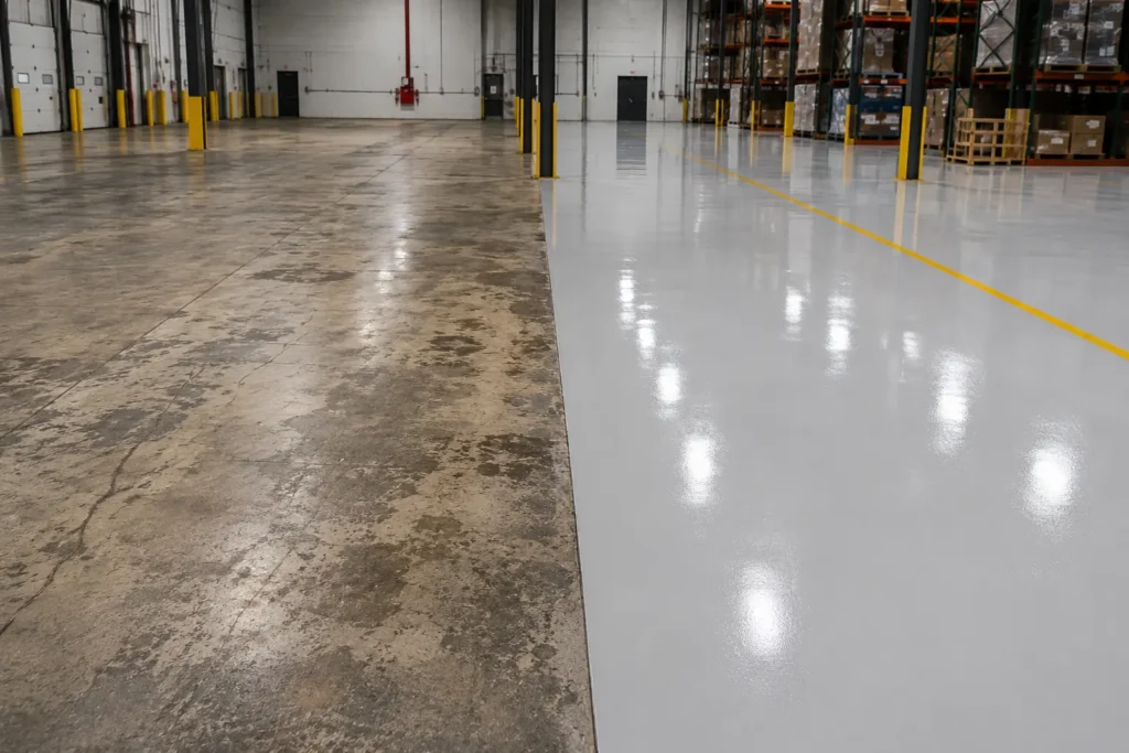 Worn stained concrete next to clean sealed warehouse flooring