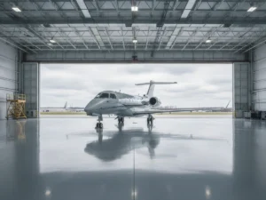 Clean private jet hangar interior on Long Island with a coated concrete floor and aircraft parked inside