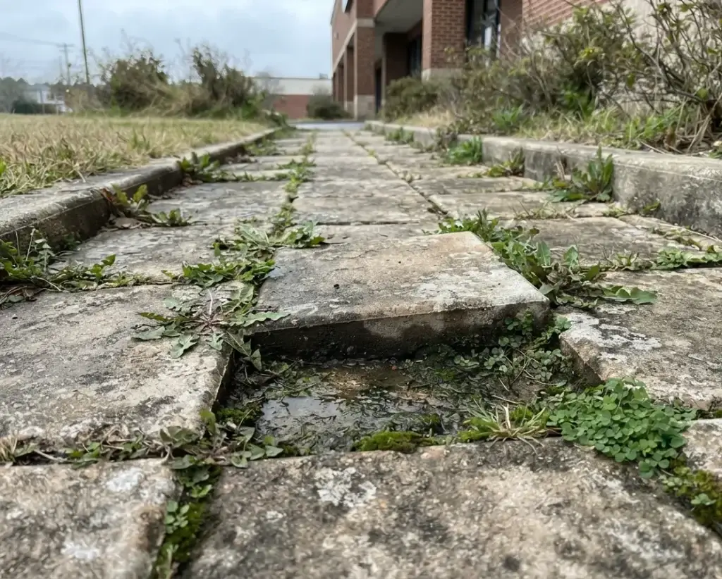 Eroded joint sand and weeds between shifting pavers on an unsealed commercial walkway
