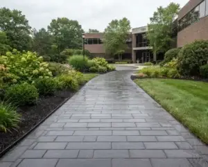 Freshly sealed commercial paver walkway at a Long Island property with crisp joints and a protected surface